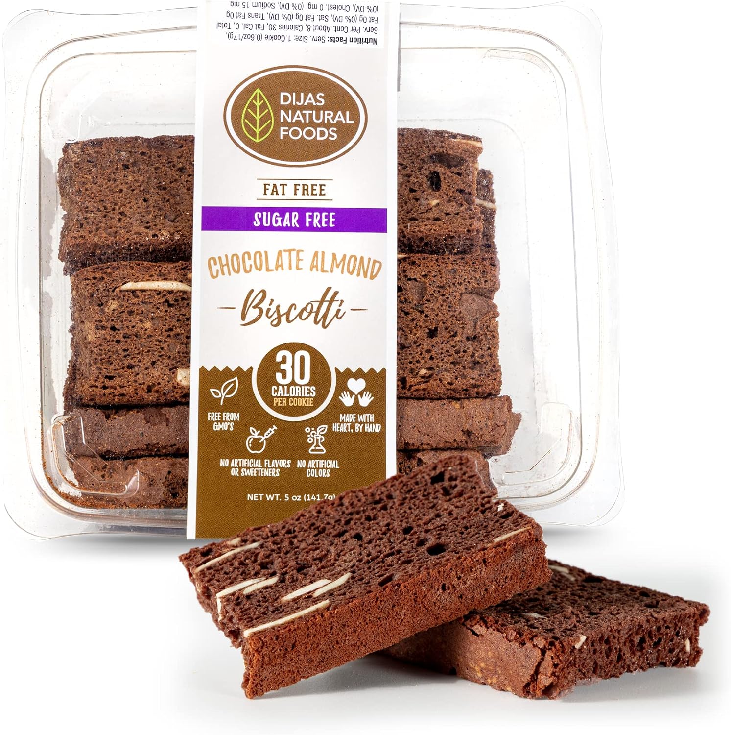 DIJAS Natural Foods, Crunchy Sugar-Free Biscotti Cookie, All Natural, Fat Free, Preservative Free Ingredients, Delicious Low Calorie Snack (5 Ounces, Chocolate Almond)