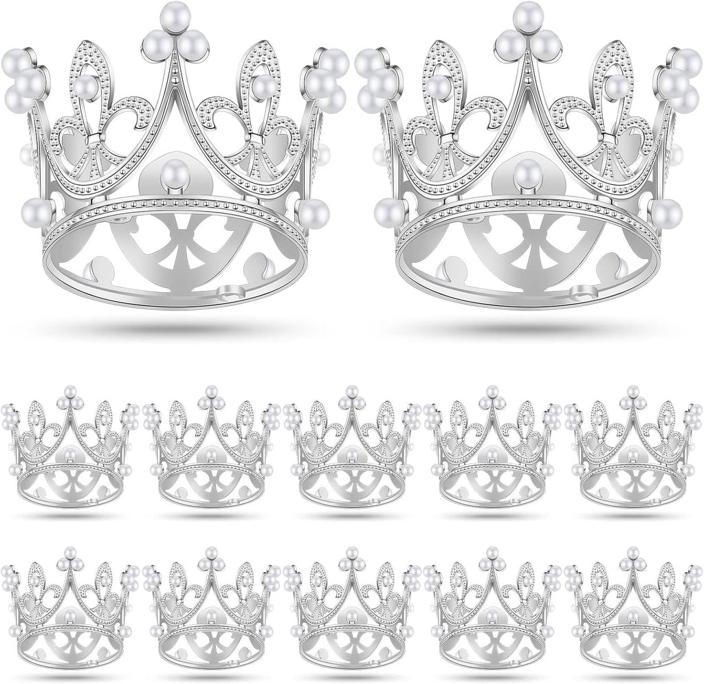 Funrous 12 Pcs Mini Crowns for Cake Topper Flower Bouquets Decor Metal Tiny Queen Cupcake Topper Crown Princess Decor Pearl Crystal Tiara for Wedding Bridal Birthday Party(Silver)