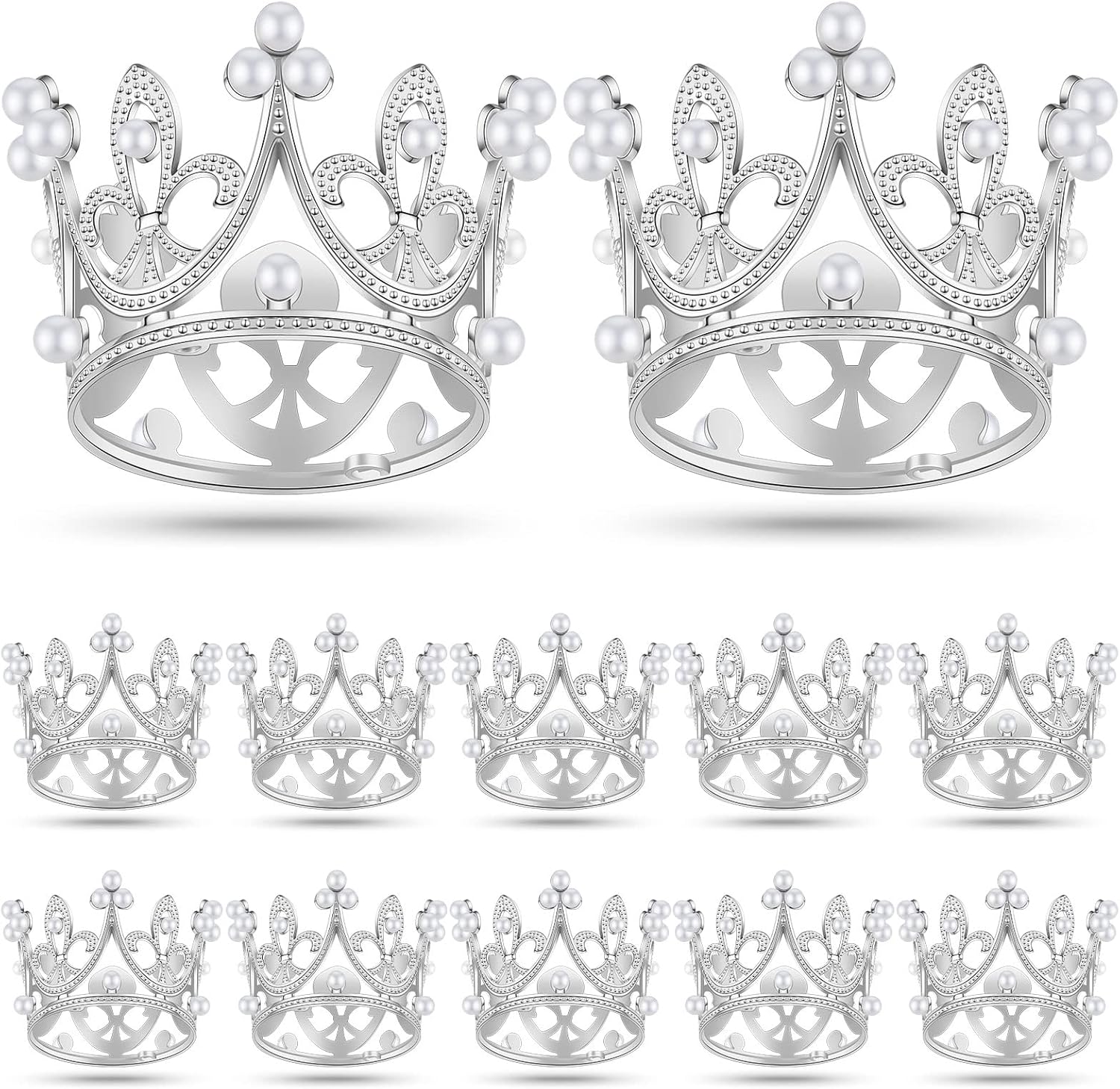 Funrous 12 Pcs Mini Crowns for Cake Topper Flower Bouquets Decor Metal Tiny Queen Cupcake Topper Crown Princess Decor Pearl Crystal Tiara for Wedding Bridal Birthday Party(Silver)