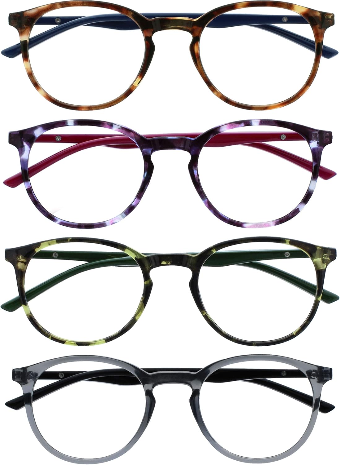 OPULIZE MET Reading Glasses for Women Men, Slim Round Frame with Spring Hinges and Scratch Resistant, Brown,Purple,Green,Grey +3 (Pack of 4)