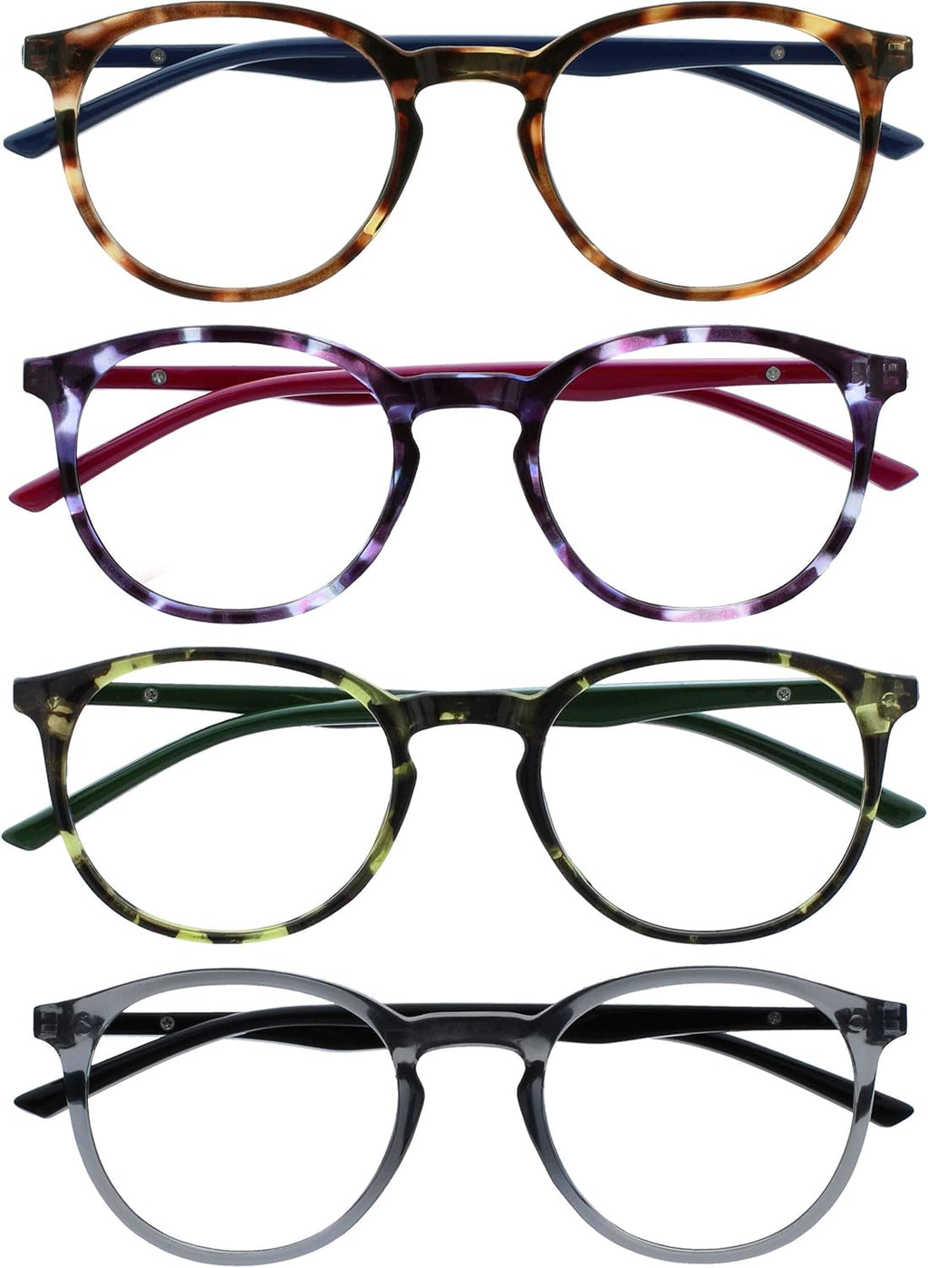 OPULIZE MET Reading Glasses for Women Men, Slim Round Frame with Spring Hinges and Scratch Resistant, Brown,Purple,Green,Grey +1.5 (Pack of 4)