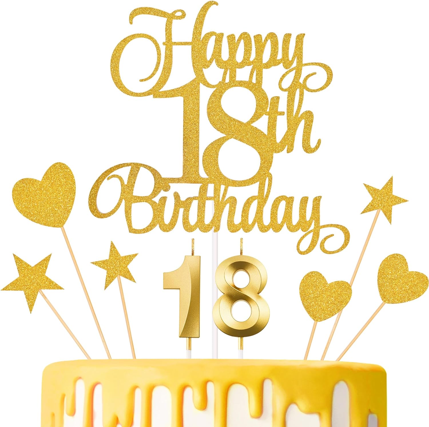 18th Birthday Cake Decorations, 18th Birthday Candles Cake Numeral Candles and Glitter Happy 18th Birthday Cake Toppers Set for Birthday Party Supplies (Gold)