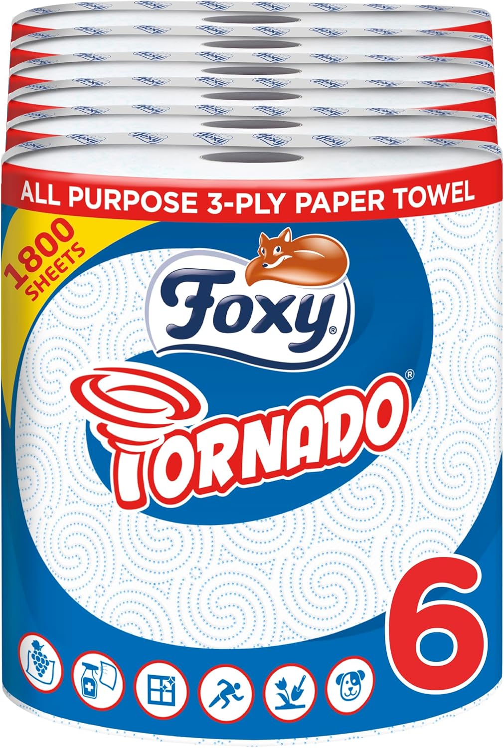 Foxy Tornado Kitchen Roll (Pack of 6) – Ultra Absorbent 3-Ply Kitchen Towel with Vortex Embossing – 300 Extra-Large Sheets Per Jumbo Roll (240 x 226mm) – Strong & Reliable – FSC® Certified