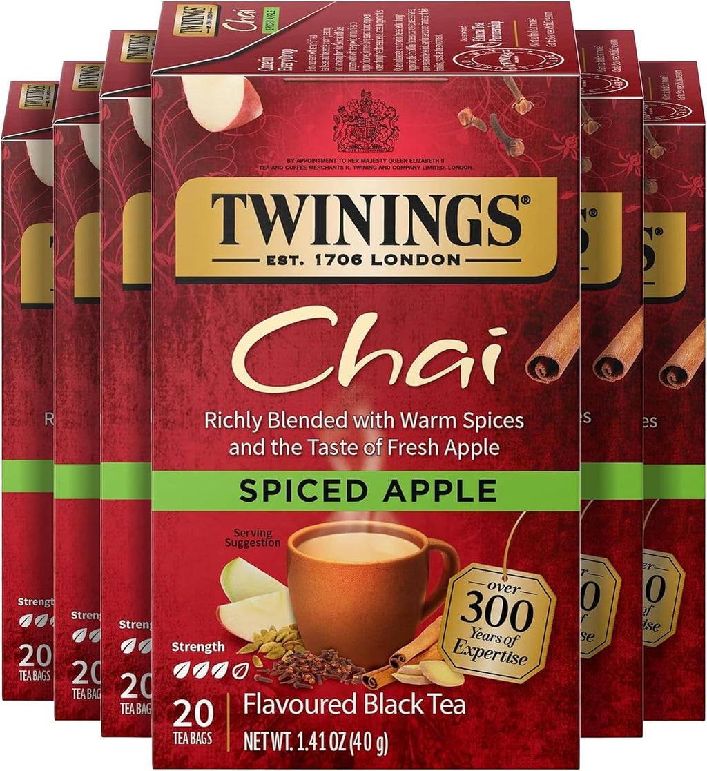 Twinings Spiced Apple Chai Black Tea Individually Wrapped Bags, 20 Count (Pack of 6), Sweet, Savoury Spices, Caffeinated, Enjoy Hot or Iced, 120 Teabags