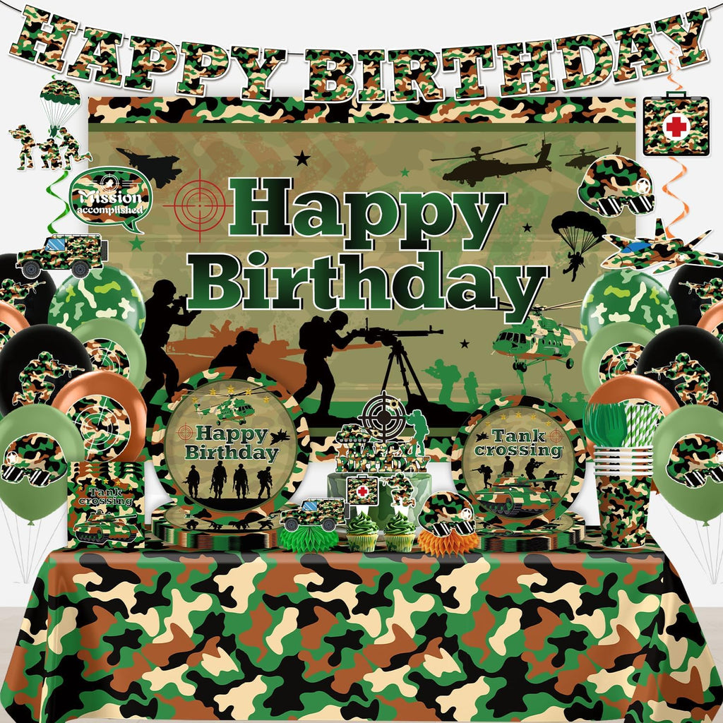 360pcs Army Birthday Party Decoration Serve 50, All-in-one Set with Camo Plates and Napkins Set, Banner, Backdrop, Tablecloth, Balloon, Cupcake Topper, for Camouflage Hunting Military Theme Party