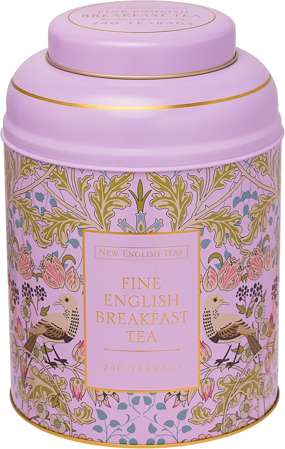 New English Teas Song Thrush & Berries Tea Caddy in Pink with 240 English Breakfast Teabags