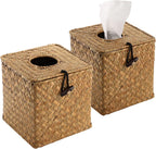 Yesland 2 Pack Square Seagrass Facial Tissue Box - Decorative Woven Paper Holder Napkin Dispense - 5 x 5 x 5 Inches Rattan Tissue Box Cover