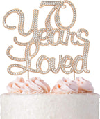 70 Cake Topper - Premium Rose Gold Metal - 70 Years Loved - 70th Birthday Party Sparkly Rhinestone Decoration Makes a Great Centerpiece - Now Protected in a Box