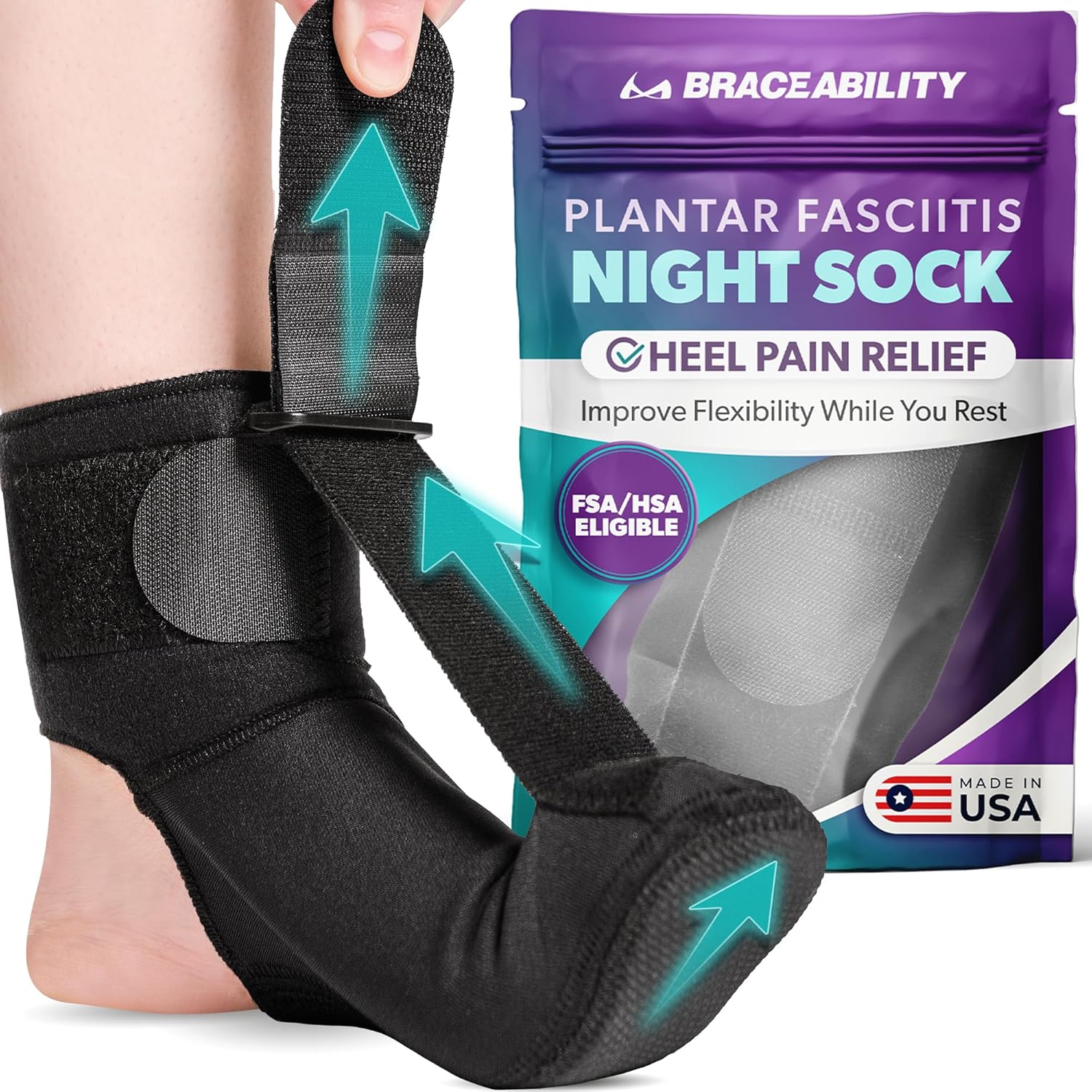 BraceAbility Plantar Fasciitis Relief Night Splint Sock - Soft Achilles Tendonitis Brace for Women and Men, Foot Drop, Planters Facetious Night Sling Boot for Sleeping and Stretching Support (M)