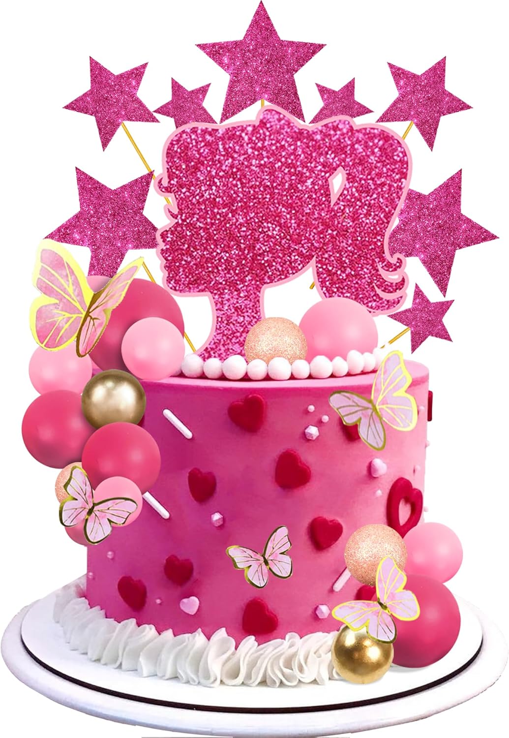 Hot Pink Girl Cake Toppers with Pink Gold Butterfly Balls Star Doll Cake Toppers for Wedding Anniversary Girl Birthday (Style 1)
