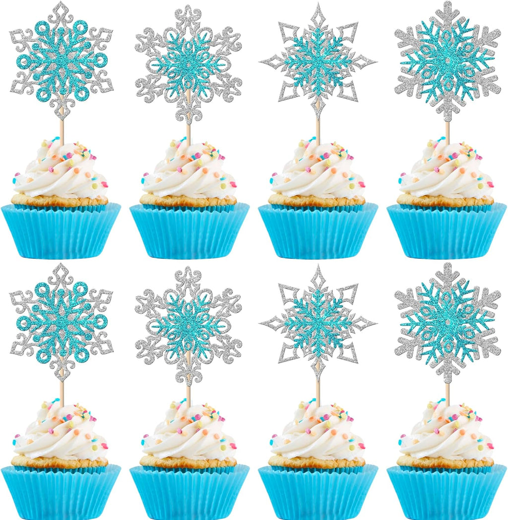 Rsstarxi 24 Pack Snowflake Cupcake Toppers Glitter Silver Blue Winter Wonderland Cupcake Picks Double Layers Snowflake Cake Decorations for Winter Theme Baby Shower Birthday Party Decorations