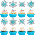 Rsstarxi 24 Pack Snowflake Cupcake Toppers Glitter Silver Blue Winter Wonderland Cupcake Picks Double Layers Snowflake Cake Decorations for Winter Theme Baby Shower Birthday Party Decorations