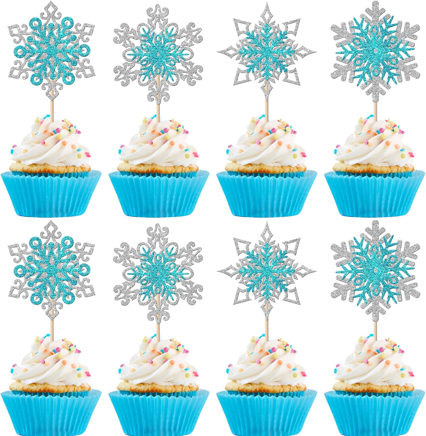 Rsstarxi 24 Pack Snowflake Cupcake Toppers Glitter Silver Blue Winter Wonderland Cupcake Picks Double Layers Snowflake Cake Decorations for Winter Theme Baby Shower Birthday Party Decorations