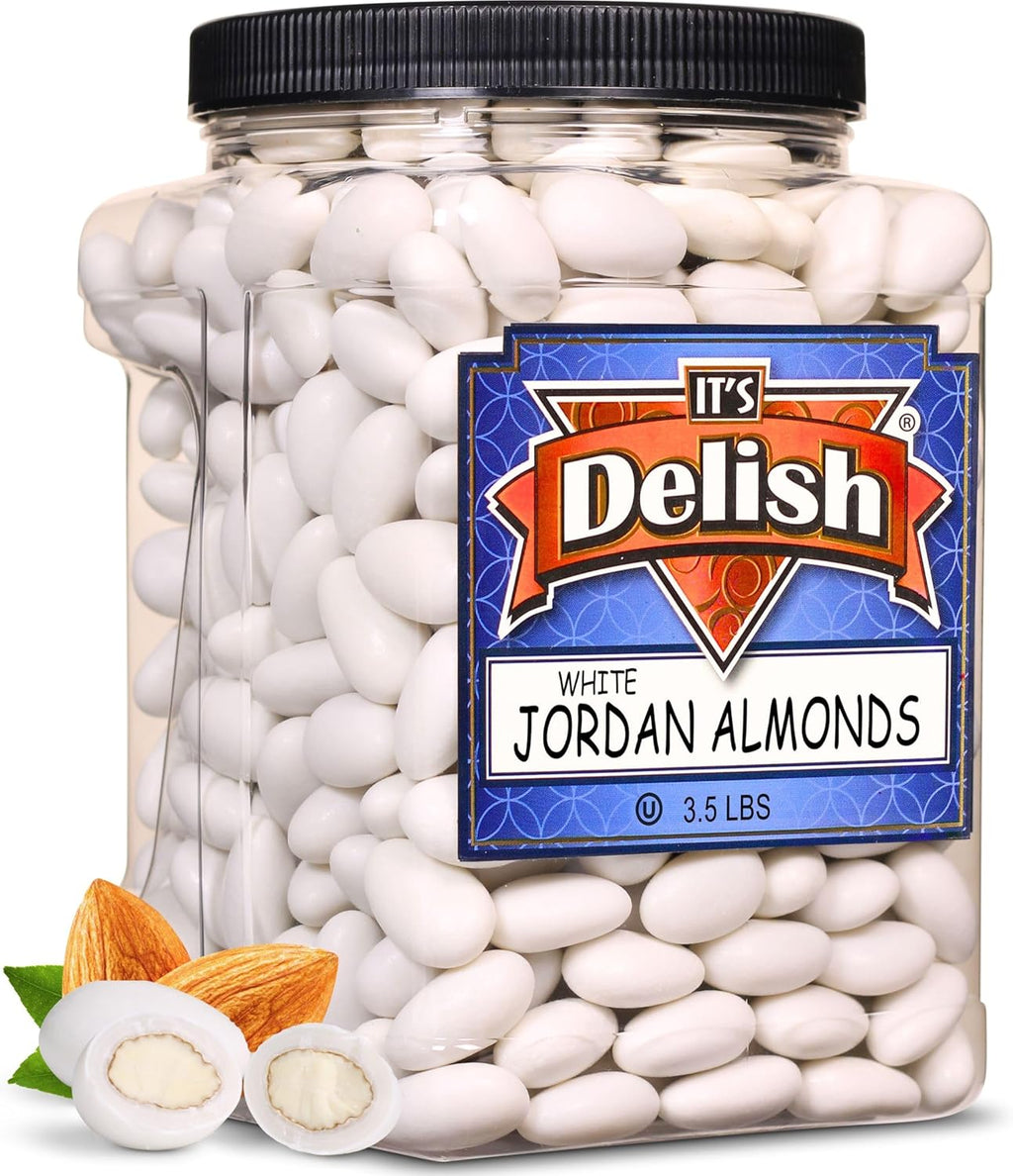 White Jordan Almonds by Its Delish, 3.5 lbs Jumbo Container | Sugared Almond Nut with Sweet Hard Candy Coating - Bulk Wedding Favors and Party Buffets - Vegan & Kosher