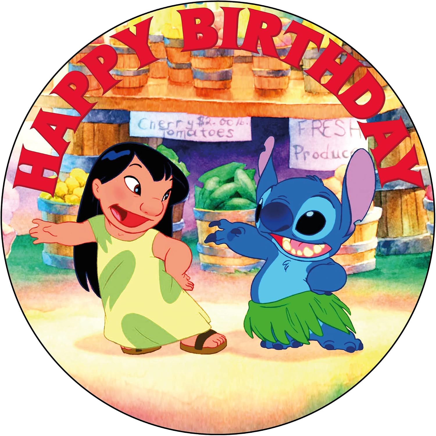 7.5 Inch Lilo Kids Fun Cake Topper – Round Edible Birthday Cake Decorations, Happy Birthday Cake