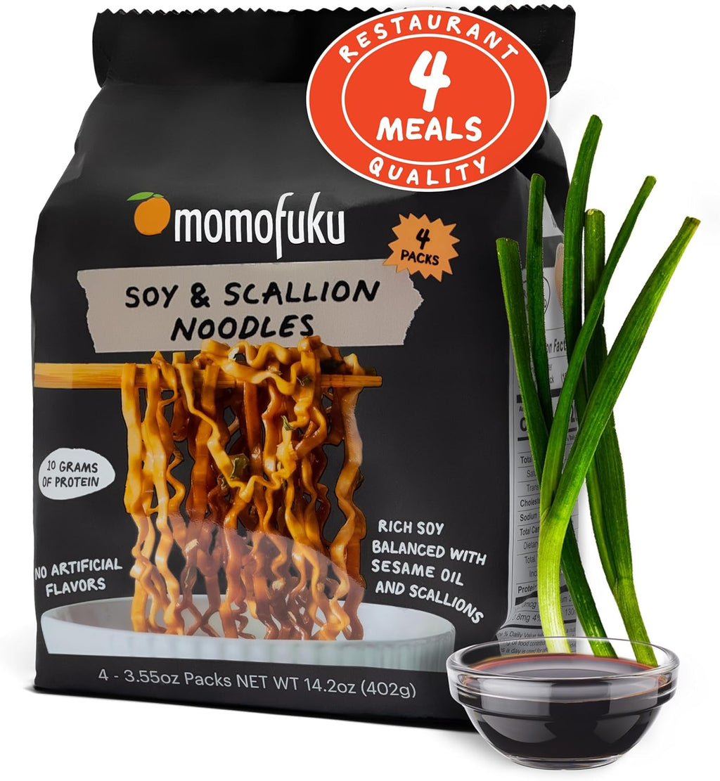 Momofuku Soy and Scallion Ramen Noodles by David Chang, 4 Pack of Restaurant Quality Air-Dried Instant Noodles Now with More Sauce & 10g of Protein