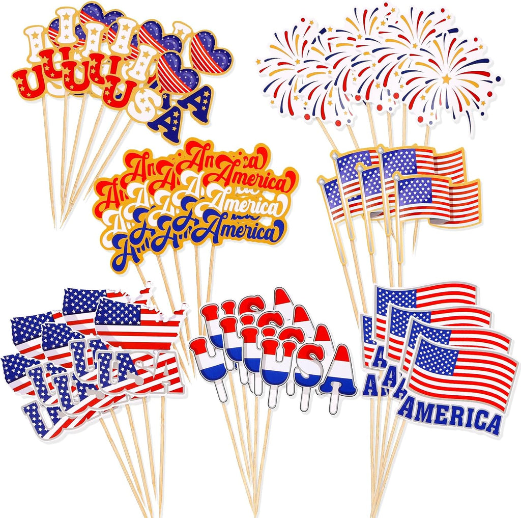 HOWAF 70pcs 4th of July American Flags Toothpick, USA Mini Stick Cupcake Toppers, Red White Blue Independence Day Cocktail Picks Fruits Sticks for US July 4th Patriotic Party Food Drink Decorations