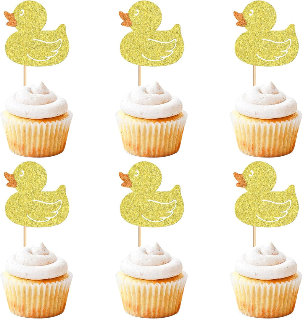 24Pcs Glitter Yellow Ducks Cupcake Toppers Duck Baby Cupcake Picks for Duck Baby Shower Boys Girls Ducks Birthday Cake Cupcake Decorations