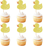 24Pcs Glitter Yellow Ducks Cupcake Toppers Duck Baby Cupcake Picks for Duck Baby Shower Boys Girls Ducks Birthday Cake Cupcake Decorations