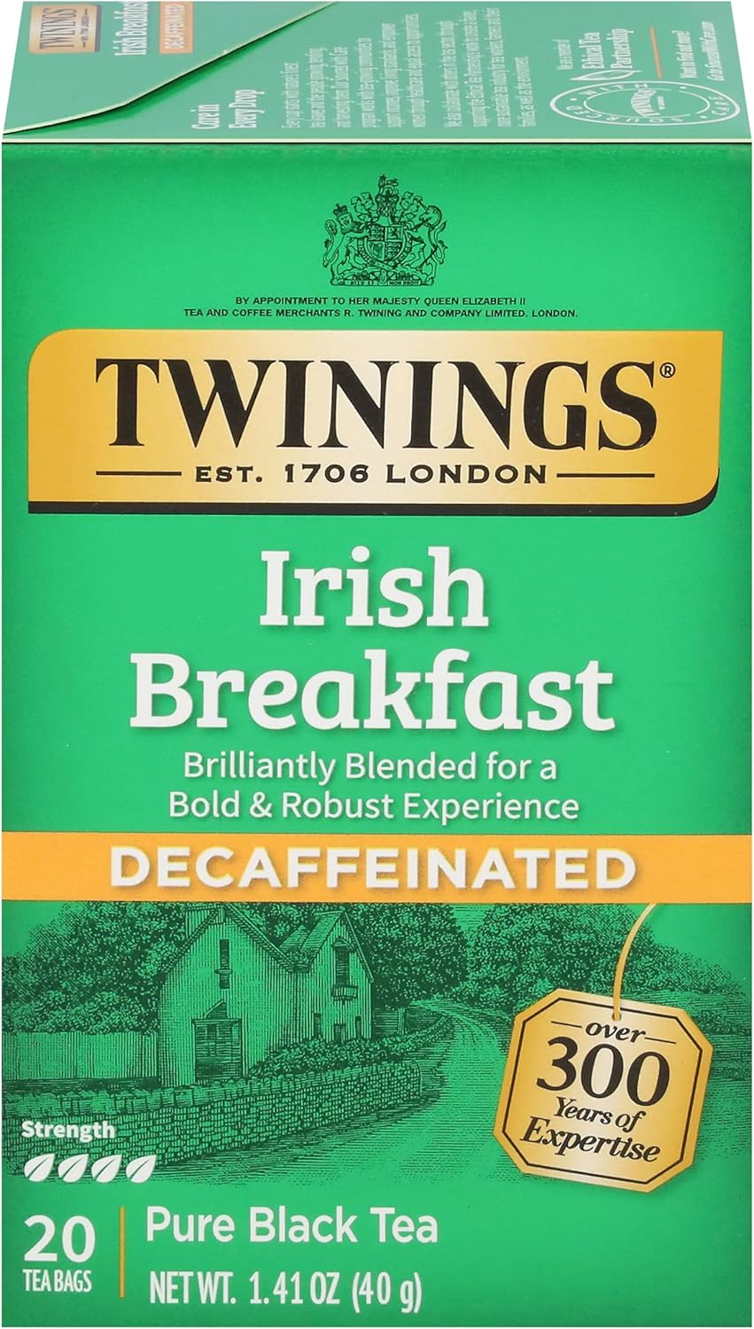 Twinings Decaffeinated Irish Breakfast Black Tea Individually Wrapped Bags, 20 Count (Pack of 1), Flavourful, Robust, Enjoy Hot or Iced, 20 Teabags