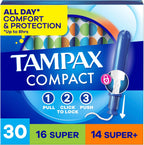 Tampax Compact Pearl Tampons for Women Multipack, with LeakGuard Braid & Extendable Applicator, Super/Super Plus Absorbency, Compact Extendable Applicator, Unscented, 30 Count