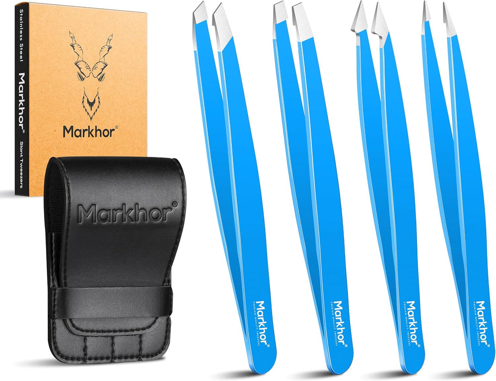 MARKHOR® Royal Blue Eyebrow Tweezers for Women Facial Hair, Splinter and Ingrown Hair Removal Tweezers Set, Professional Pointed and Slant Tweezers for Eyebrows, Precision Tweezers for Eyebrows