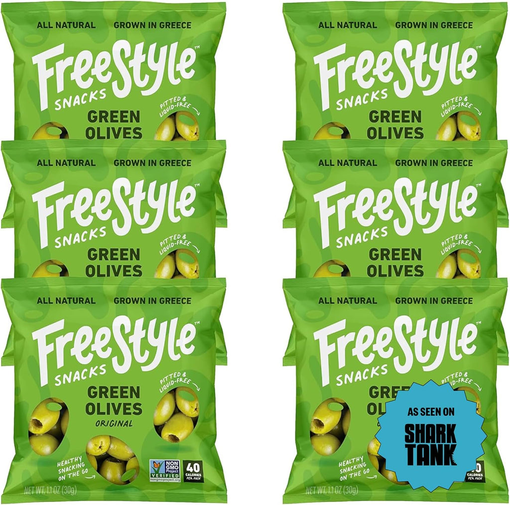Freestyle Snacks Olive Snack Packs - As Seen on Shark Tank - Single Serve - Fresh Pitted Green Olives, Grown in Greece, All Natural, Non-GMO, Sugar-Free, Salty Snack - Original, 1.1oz (6 Pack)