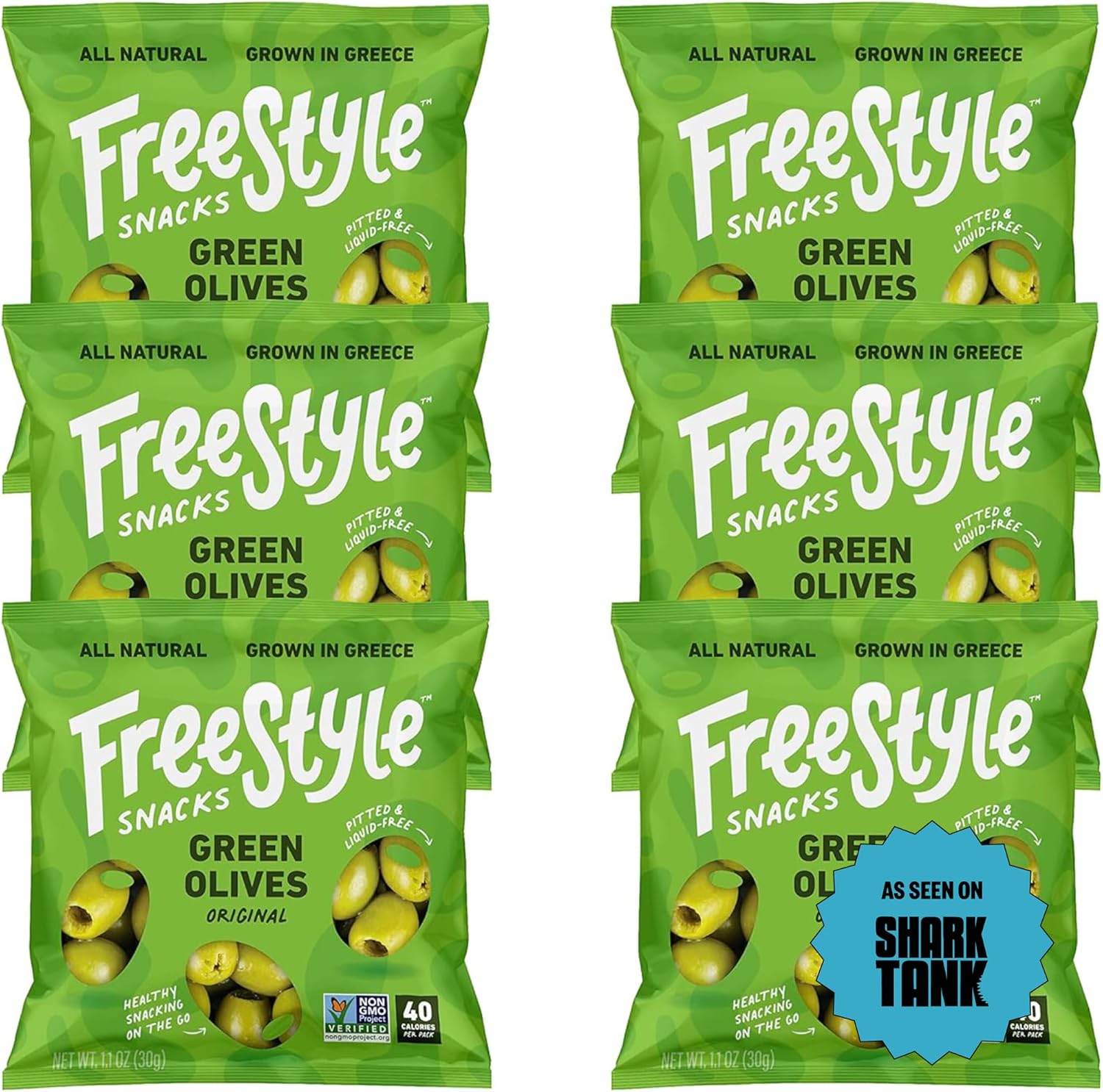 Freestyle Snacks Olive Snack Packs - As Seen on Shark Tank - Single Serve - Fresh Pitted Green Olives, Grown in Greece, All Natural, Non-GMO, Sugar-Free, Salty Snack - Original, 1.1oz (6 Pack)