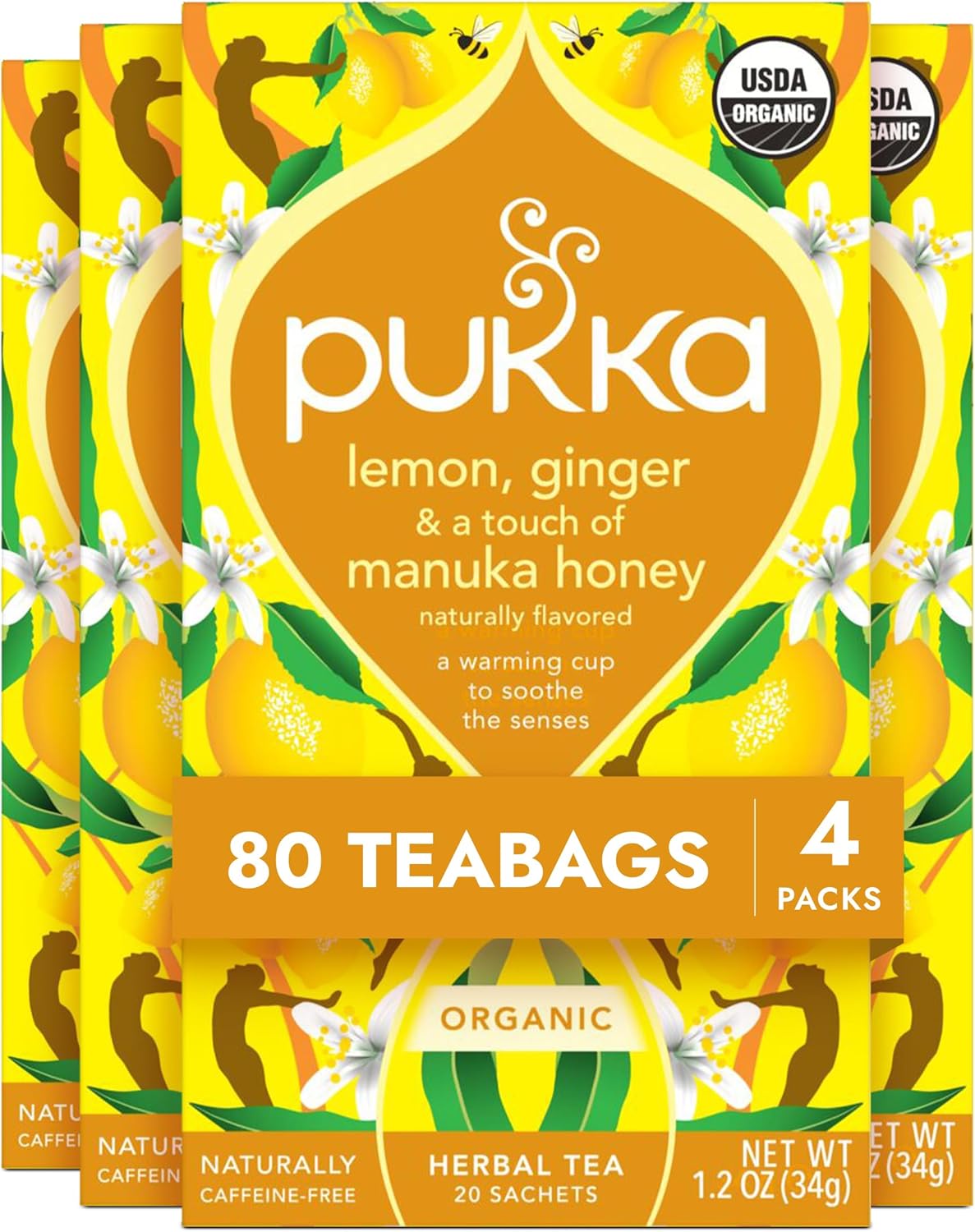 Pukka Organic Lemon, Ginger & Manuka Honey Herbal Tea, Immune Boosting Organic Tea Infusion Selection, With Turmeric, Ideal For Daily Support, Caffeine Free, 80 Total Bags (20ct - Pack of 4)