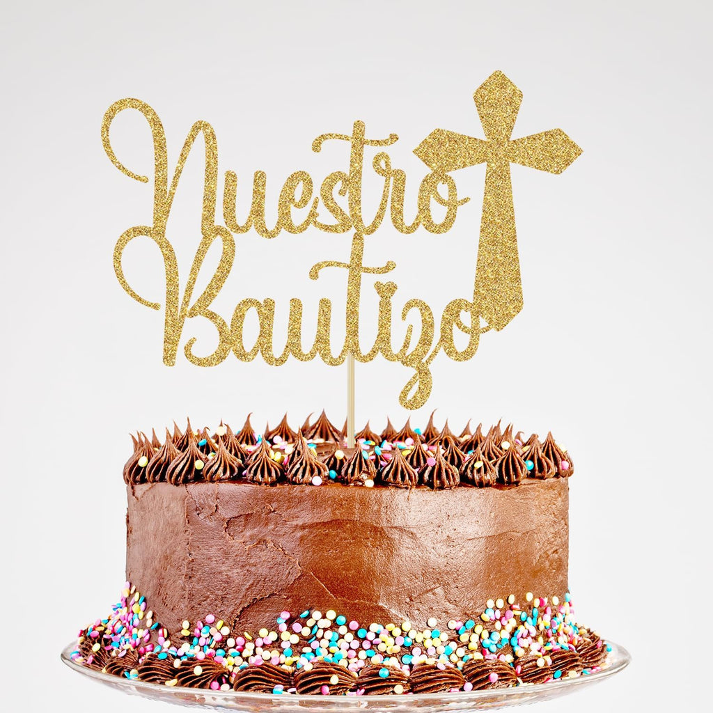 Glitter Nuestro Bautizo Cake Topper - Mi Bautizo Baptism Cake Pick Topper, Cross First Holy Communion Baby Shower Party Decorations Gold