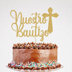 Glitter Nuestro Bautizo Cake Topper - Mi Bautizo Baptism Cake Pick Topper, Cross First Holy Communion Baby Shower Party Decorations Gold