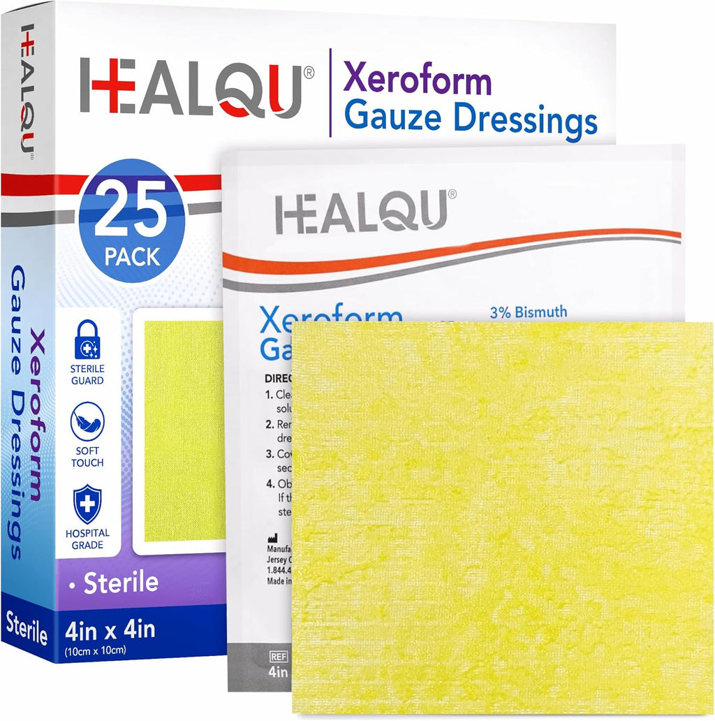 HEALQU Medical Xeroform Petrolatum Dressing 4x4-25-Count - Non-Adherent Gauze Pad for Low Exudating Wounds - Fine Mesh Gauze Patch Sterile for Wound Care Lacerations, Burns & Skin Grafts