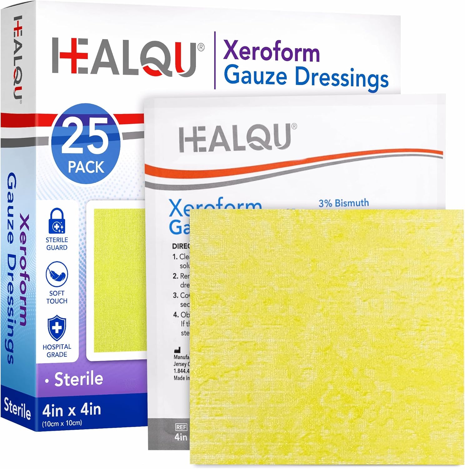 HEALQU Medical Xeroform Petrolatum Dressing 4x4-25-Count - Non-Adherent Gauze Pad for Low Exudating Wounds - Fine Mesh Gauze Patch Sterile for Wound Care Lacerations, Burns & Skin Grafts