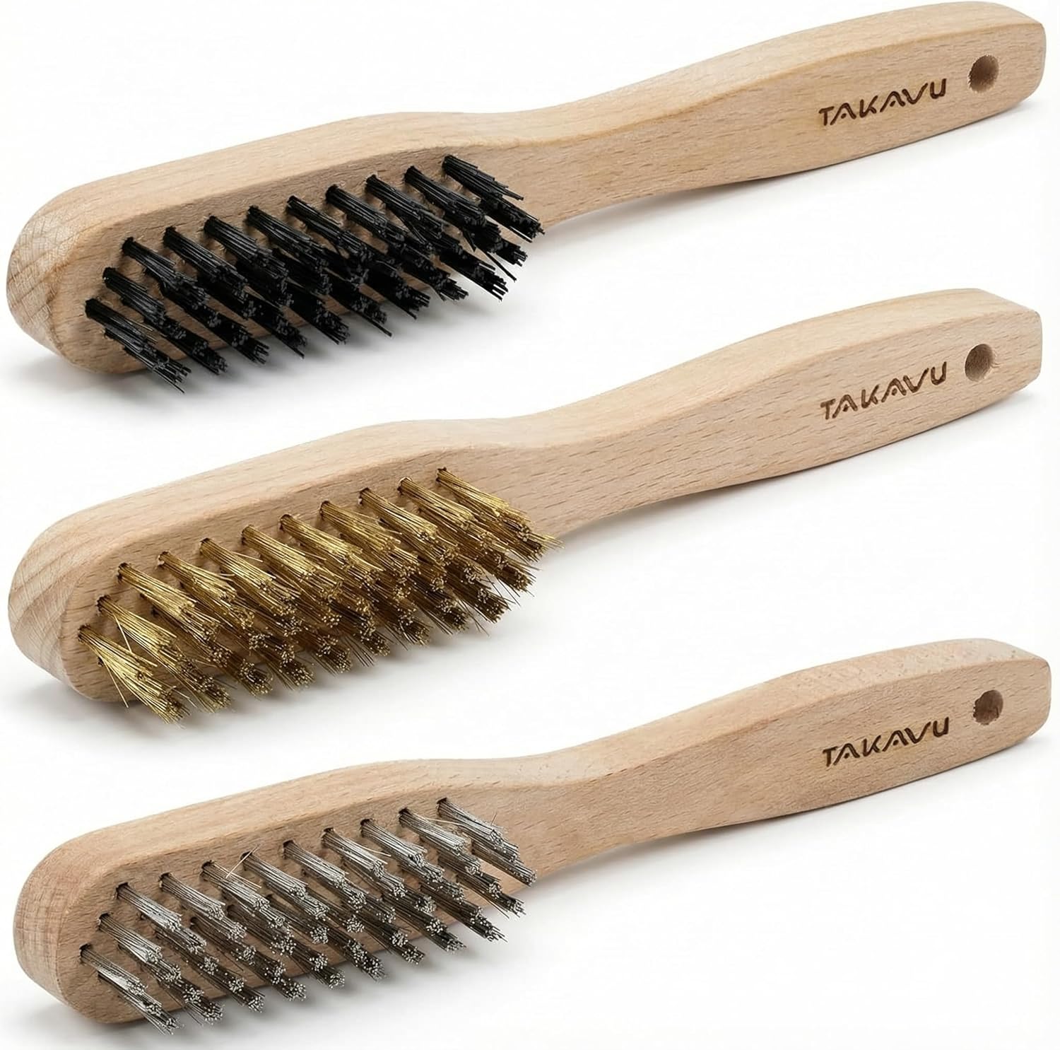 TAKAVU 3pc Small Wire Brush Set (Wood Handle) - Stainless Steel, Brass & Nylon Bristles for Cleaning Rust, Paint, Dirt & Heavy Duty Scrubbing
