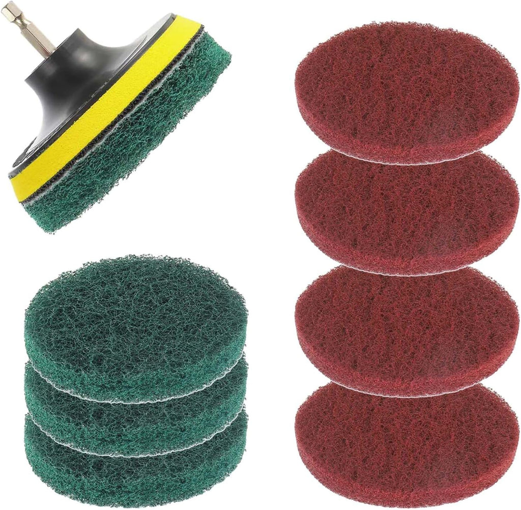 4 Inch Scrub Drill Brush Power Scouring Pads Household Cleaning Set for Kitchen Bathroom 4 Red Pads 4 Green Pads 1 Drill Attachment and 1 Universal Shaft