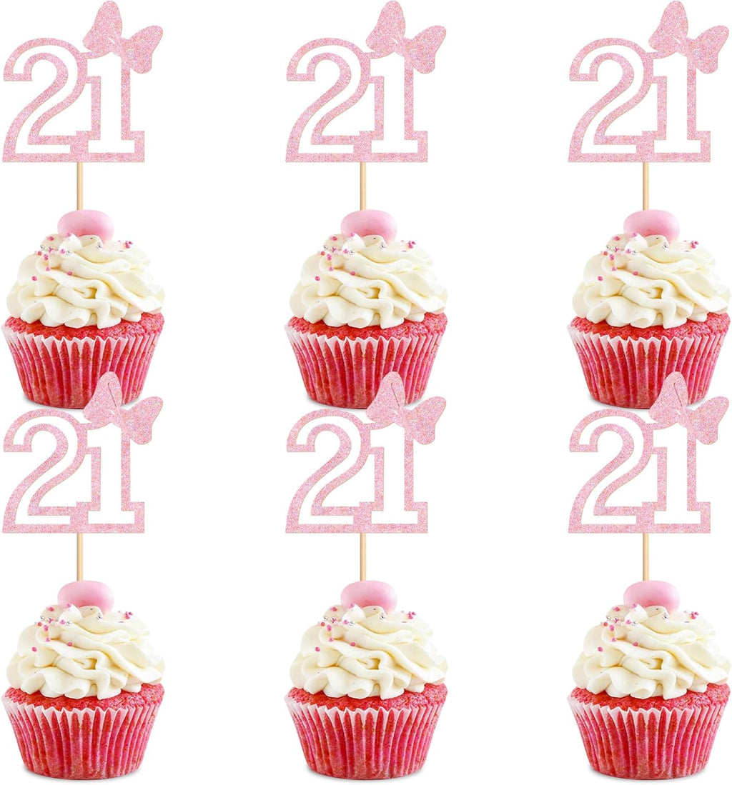 Ercadio 24Pcs Number 21 Cupcake Toppers Glitter Pink Bow Twenty-One Cupcake Picks for Pink Girls 21st Birthday Party Sweet Happy 21st Birthday Cake Decorations Supplies
