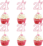 Ercadio 24Pcs Number 21 Cupcake Toppers Glitter Pink Bow Twenty-One Cupcake Picks for Pink Girls 21st Birthday Party Sweet Happy 21st Birthday Cake Decorations Supplies