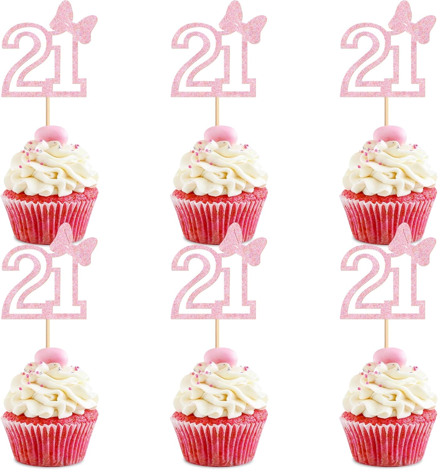Ercadio 24Pcs Number 21 Cupcake Toppers Glitter Pink Bow Twenty-One Cupcake Picks for Pink Girls 21st Birthday Party Sweet Happy 21st Birthday Cake Decorations Supplies