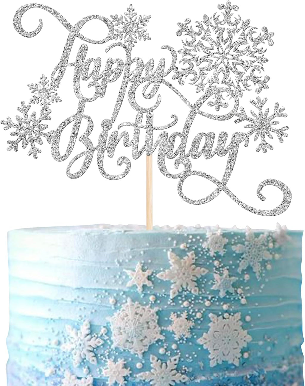 Rsstarxi Snowflake Happy Birthday Cake Topper - Silver Glitter Winter Cake Pick for Baby Shower and Snowflake Theme Party Decorations (1 Pack)