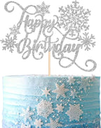 Rsstarxi Snowflake Happy Birthday Cake Topper - Silver Glitter Winter Cake Pick for Baby Shower and Snowflake Theme Party Decorations (1 Pack)