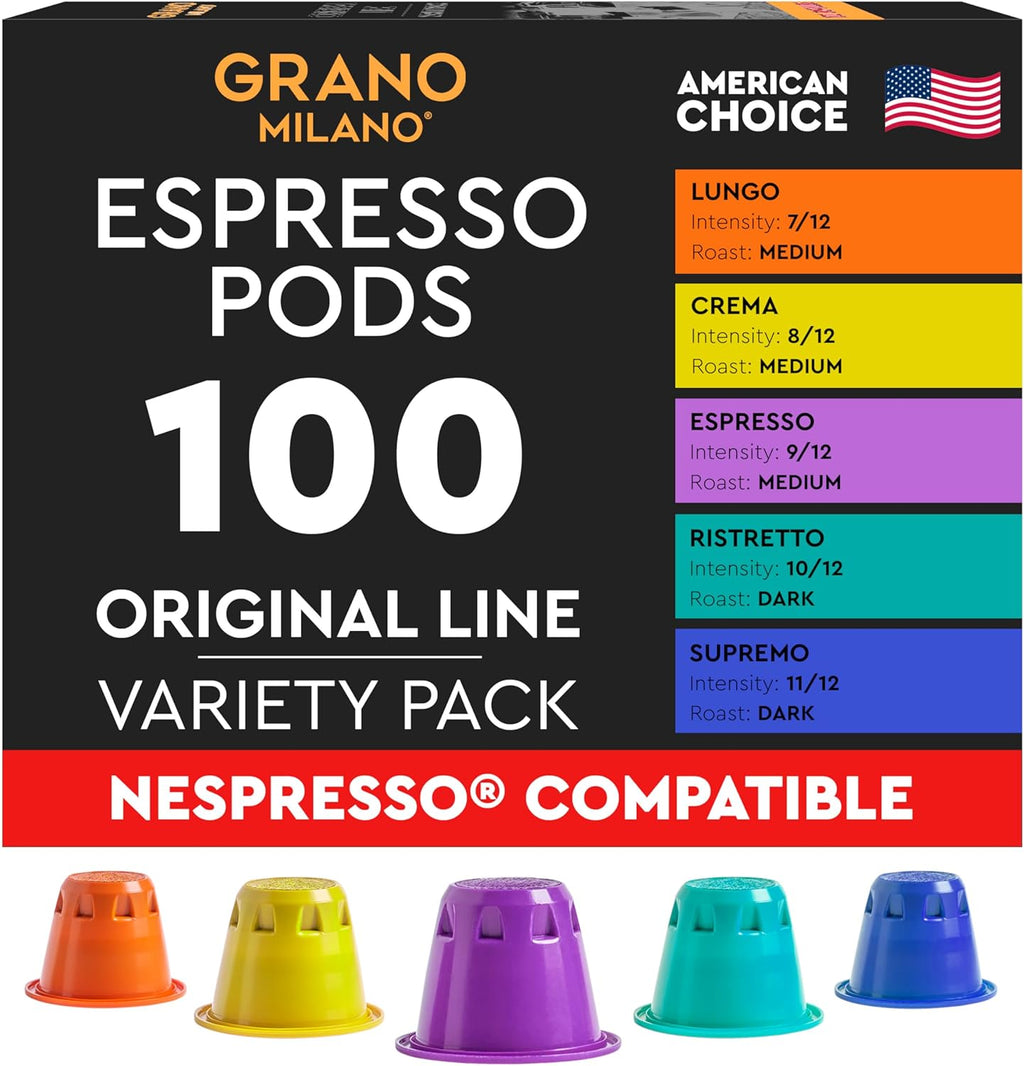 Grano Milano Lungo - 100 Espresso Pods Compatible with Nespresso Original line, 100% Arabica Medium Roast - Intensity 7/12, Coffee Capsules Made in Italy Espresso Coffee