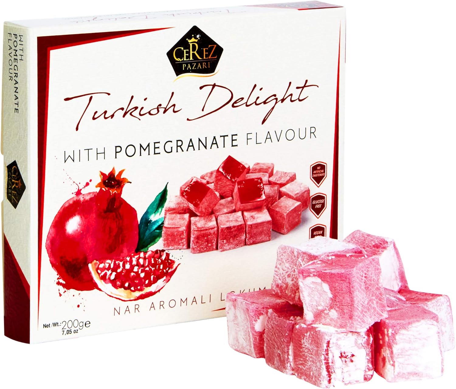 Cerez Pazari Turkish Delight with Pomegranate Flavour 200 gr Gourmet Small Size Snacks Gift Box No Nuts Sweet Luxury Traditional Confectionery Vegan Candy Dessert Glucose Free Lokum Approx.18 Pcs