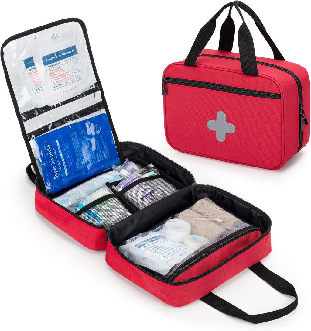 CURMIO Small First Aid Bag, Empty Emergency Trauma Kit Organizer Bag for Hiking, Camping, Car, Travel, Home and Outdoor, Red, BAG ONLY, Patent Pending