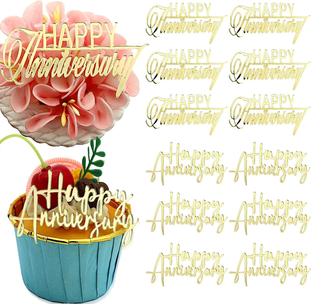 Happy Anniversary Cupcake Toppers, Gold Mirror Acrylic, 12 Pieces, Wedding Party Decoration