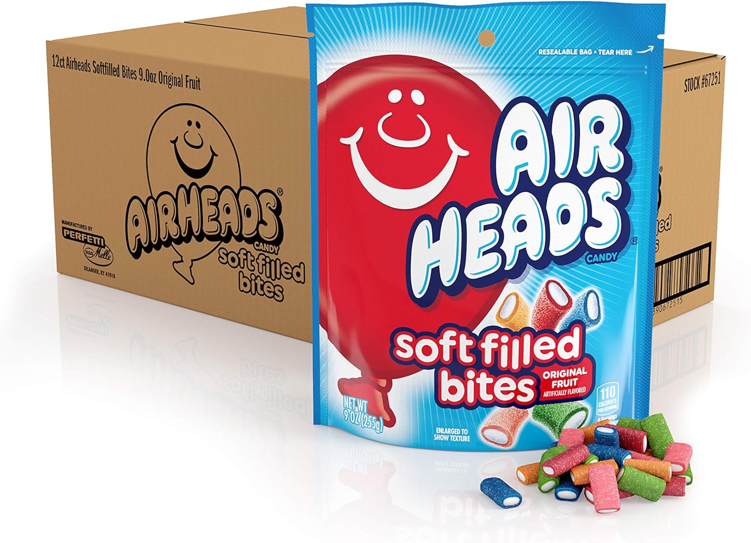 Airheads Candy, Soft Filled Bites, Assorted Fruit Flavors, Stand Up Bag, Party, Pantry, 9oz Bag, Box of 12 Bags