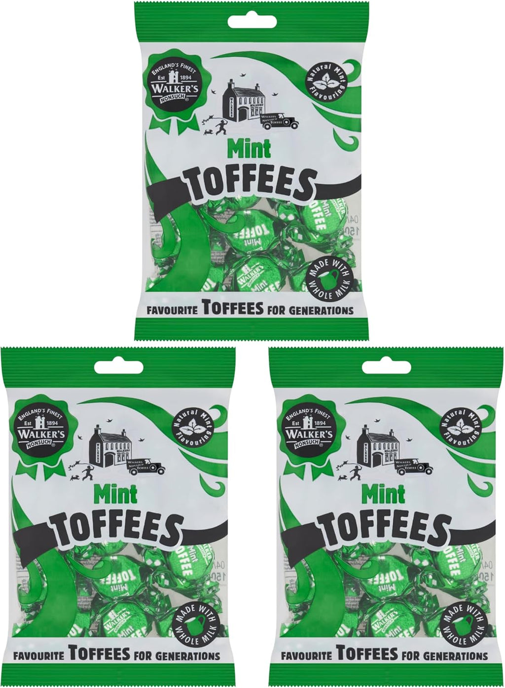 Walkers Nonsuch British Mint Toffee Candy 5.29 Oz (Pack of 3) - Natural Mint Flavor, Whole Milk Toffee, Individually Wrapped Chewy Candy Pack, Classic English Sweets, Imported UK