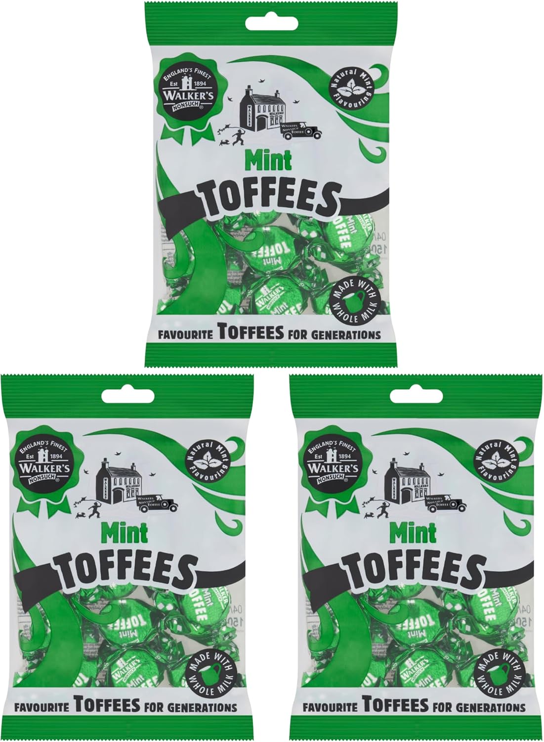 Walkers Nonsuch British Mint Toffee Candy 5.29 Oz (Pack of 3) - Natural Mint Flavor, Whole Milk Toffee, Individually Wrapped Chewy Candy Pack, Classic English Sweets, Imported UK