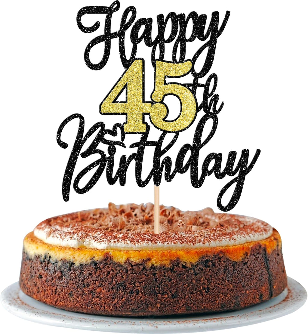 1 PCS Happy 45th Birthday Cake Topper Black Gold Glitter Cheers to 45 Years Birthday Cake Pick 45 Fabulous Cake Decoration for Happy 45th Birthday Anniversary Party Decorations Supplies