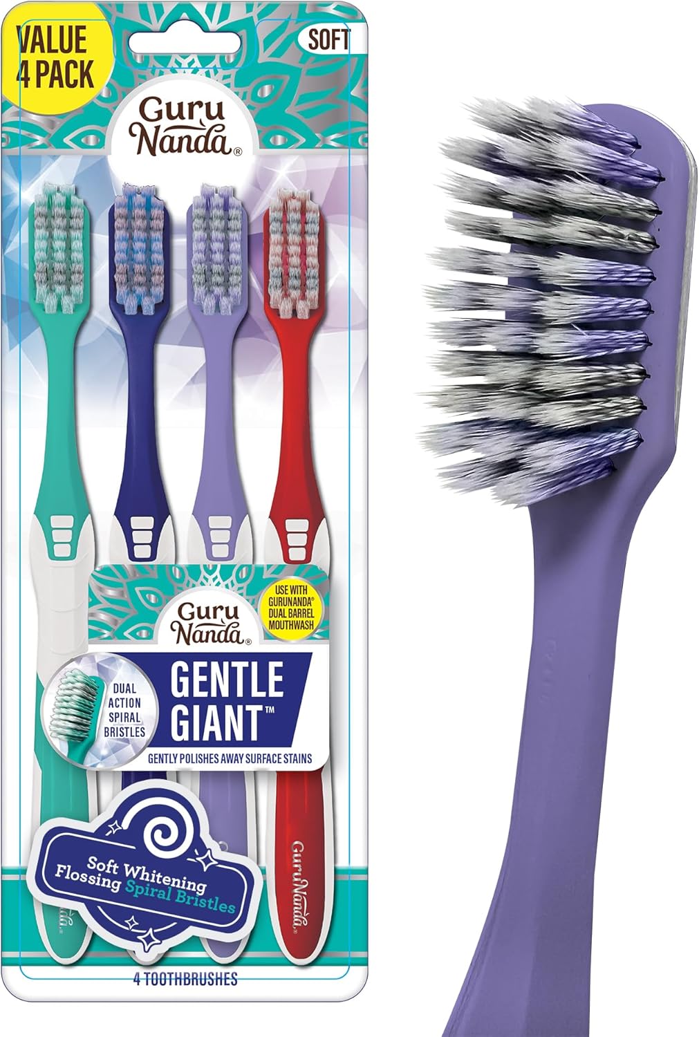 GuruNanda Gentle Giant Toothbrush with Dual Action Flossing Spiral Bristles, Non-Slip Ergo Dexa Grip, Helps in Teeth Whitening, BPA Free, (4 Count)