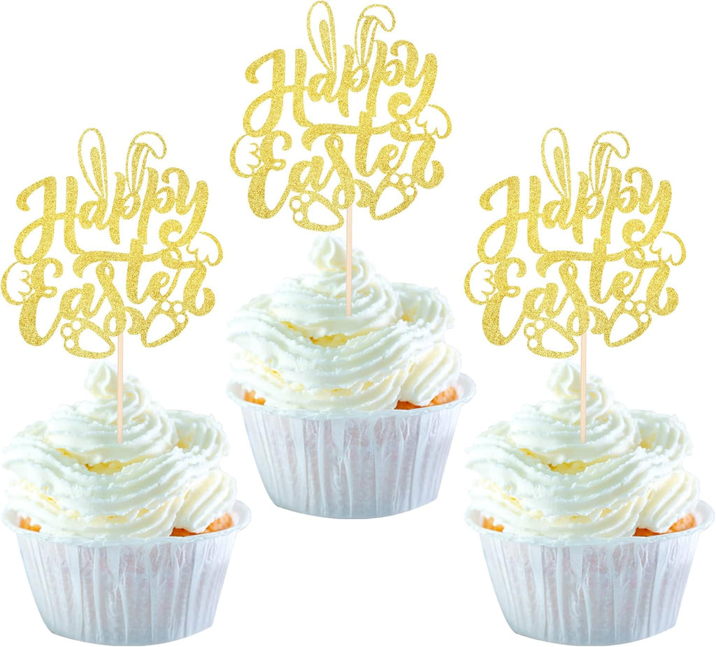 24 Pack Happy Easter Cupcake Toppers with Gold Glitter Rabbit Ear Cupcake Food Picks Bunny Paw Cake Decorations for Happy Easter Themed Baby Shower Kids Birthday Party Supplies